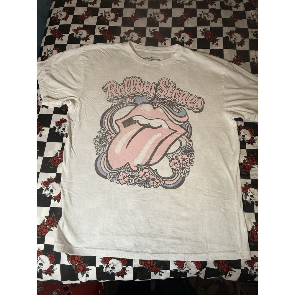 Rolling Stones Tongue Logo‎ Graphic T-Shirt Womens L XL Cream Band Tee